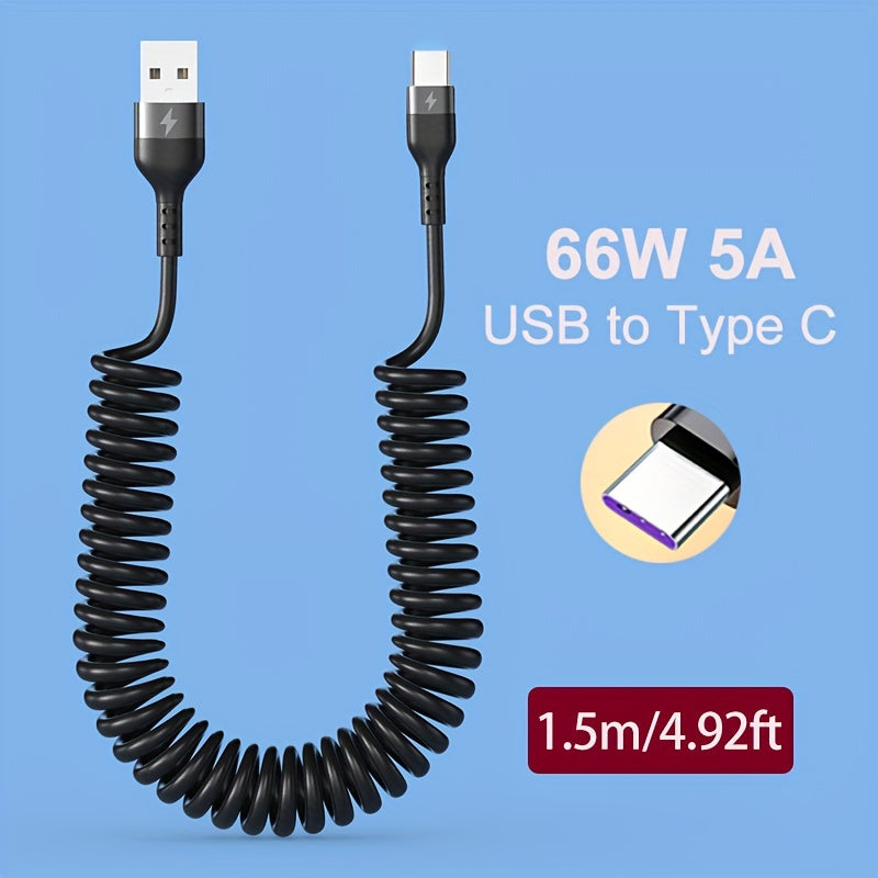 5A 66W USB To Type C Fast Charging Data Cable For Xiaomi Redmi POCO Honor Samsung OPPO VIVO Mobile Phone Charger Accessories Car USB Charge Cable Spring Telescopic USB C Cord Max Stretch 39.37inch/59.06inch