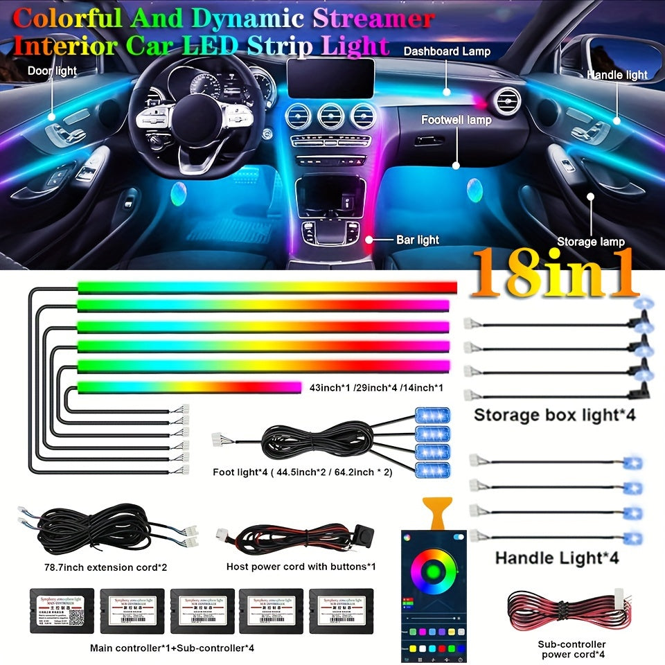 Dreamcolor Acrylic Interior Car LED Strip Light With Wireless APP, RGB 22 In 1 With 175 Inches 593 LEDs Fiber Optic Ambient Lighting Kits, 16 Million Colors Sound Active Function Car Neon Lights, Car Chassis LED And Neon, San