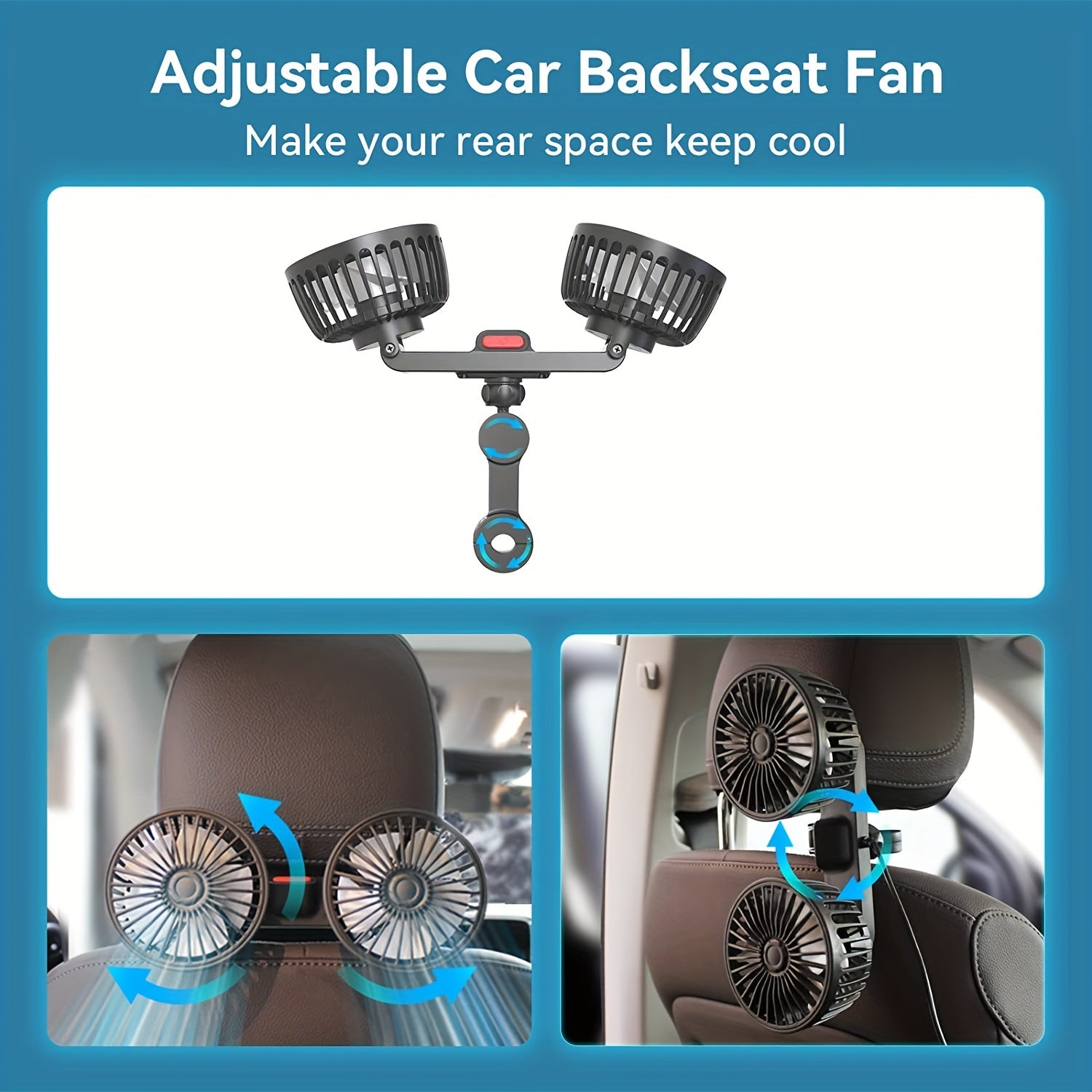 1pc High-Power Dual-Head Car Fan - 360° Rotating Ventilation, Quiet Operation & Secure Clip-On Base - Ideal for Vehicle & Home Use