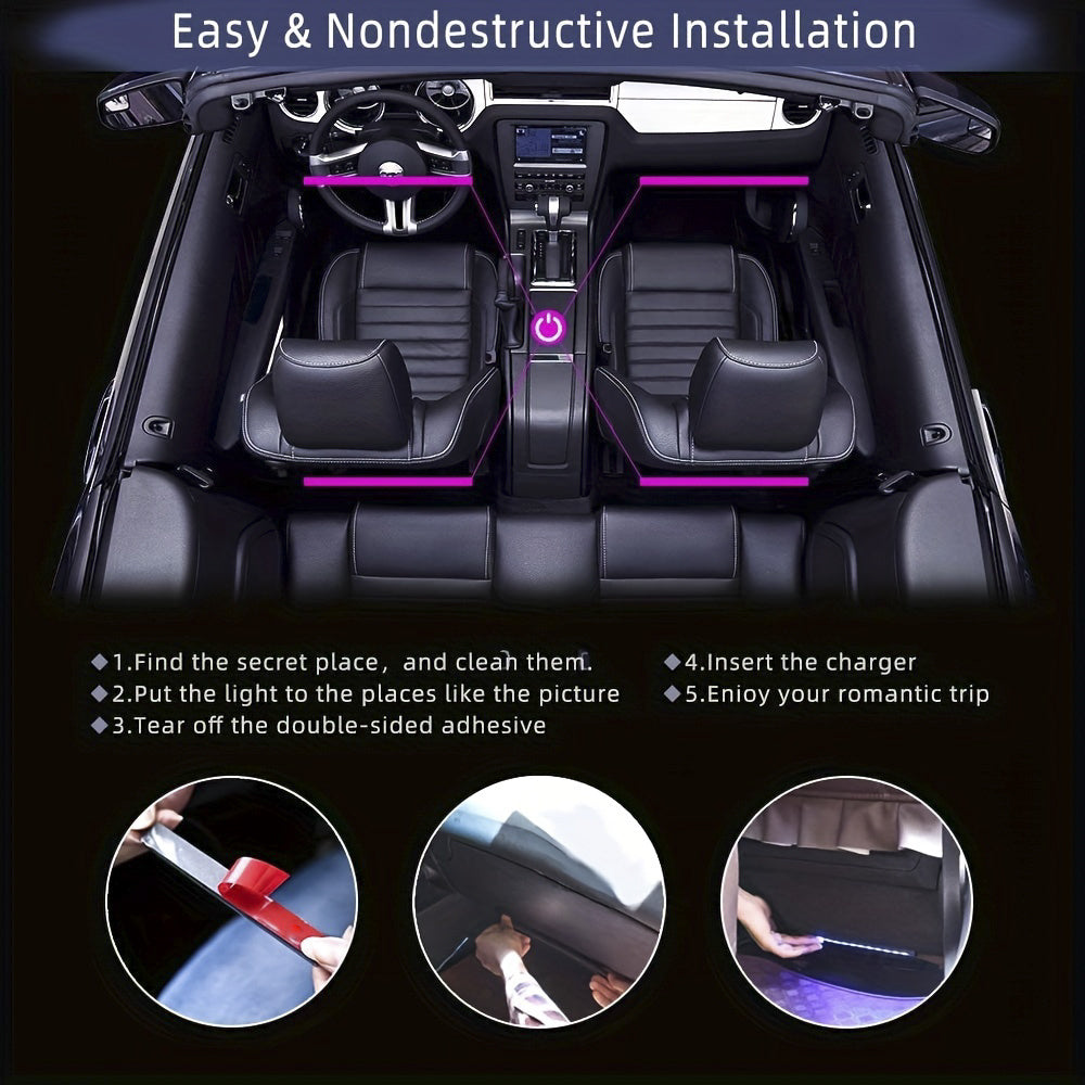 Light Up Your Car With 4pcs 48 LEDs Neon LED Interior Lights - Music Sync, Wireless Remote Control Auto RGB Decorative Lamps