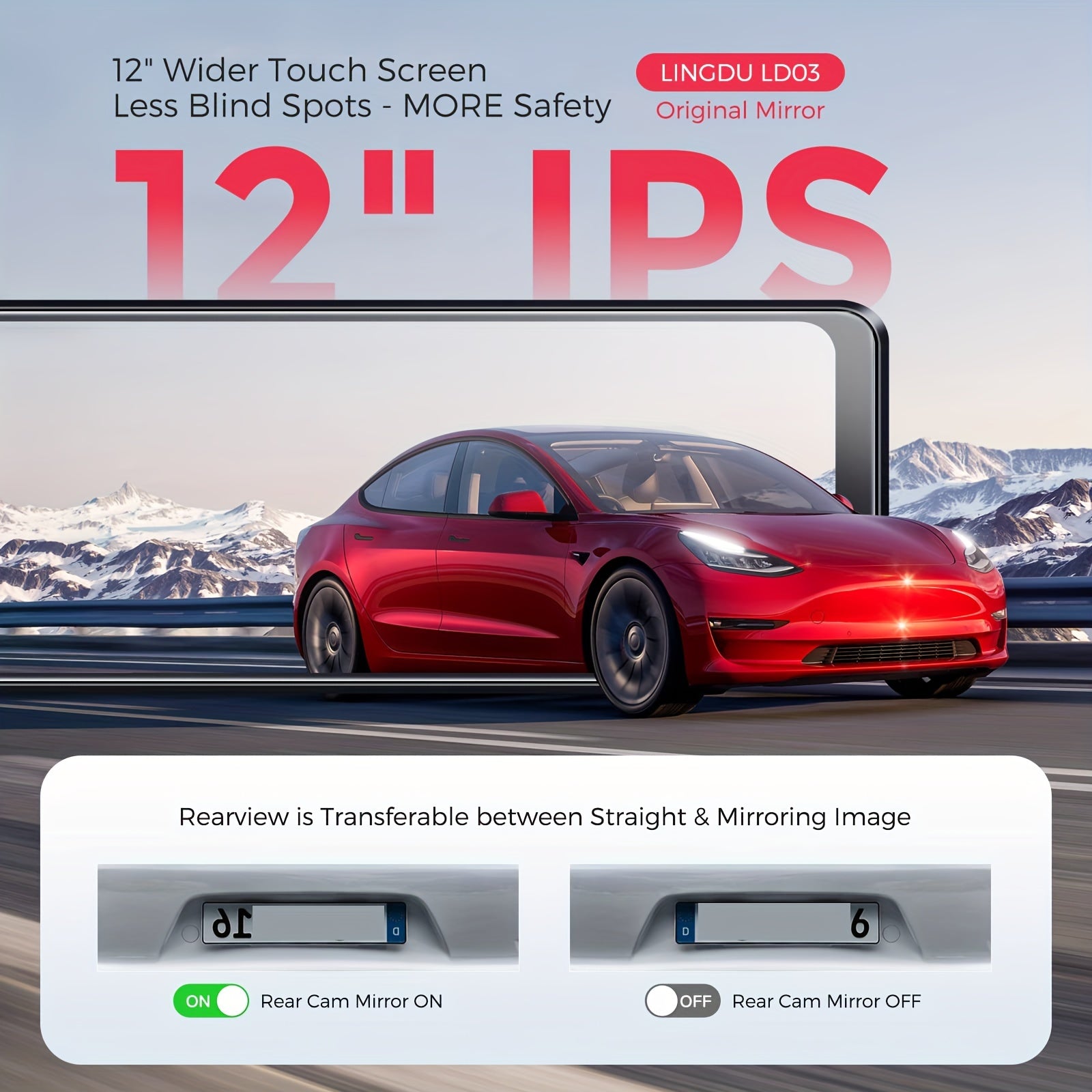 12" FHD 1080P LINGDU Full Touch Screen Mirror Dash Cam with Detached Camera, Super Night Vision, Front and Rear Dual Cameras, Flexible Installation, Backup View Mirror Camera, Includes 64GB Card