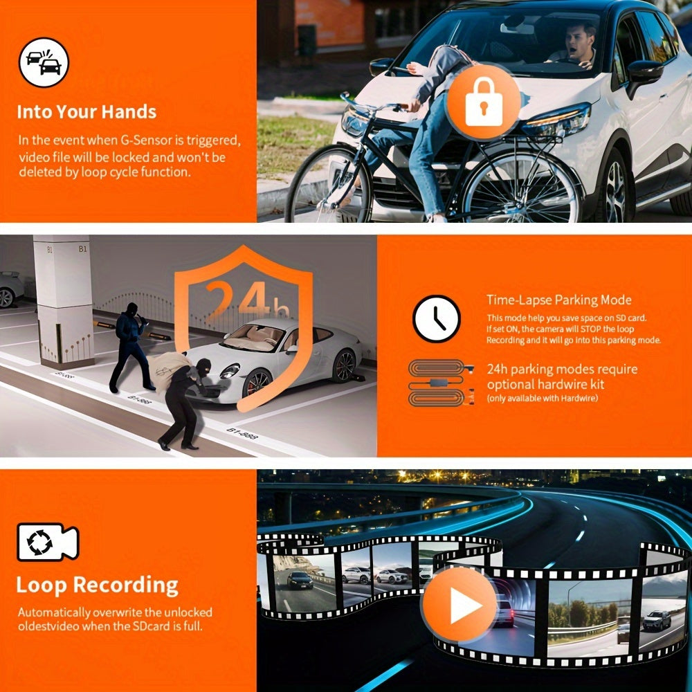 3 Channels Dash Cam Front And Rear Inside 1080P Mirror Camera Dash Camera For Cars, Dash cam Three Way With Night Vision Loop Recording 10 Inch Touch Screen Car Camera, Free 64GB SD card. Built-in Wifi and Super Night Vision,