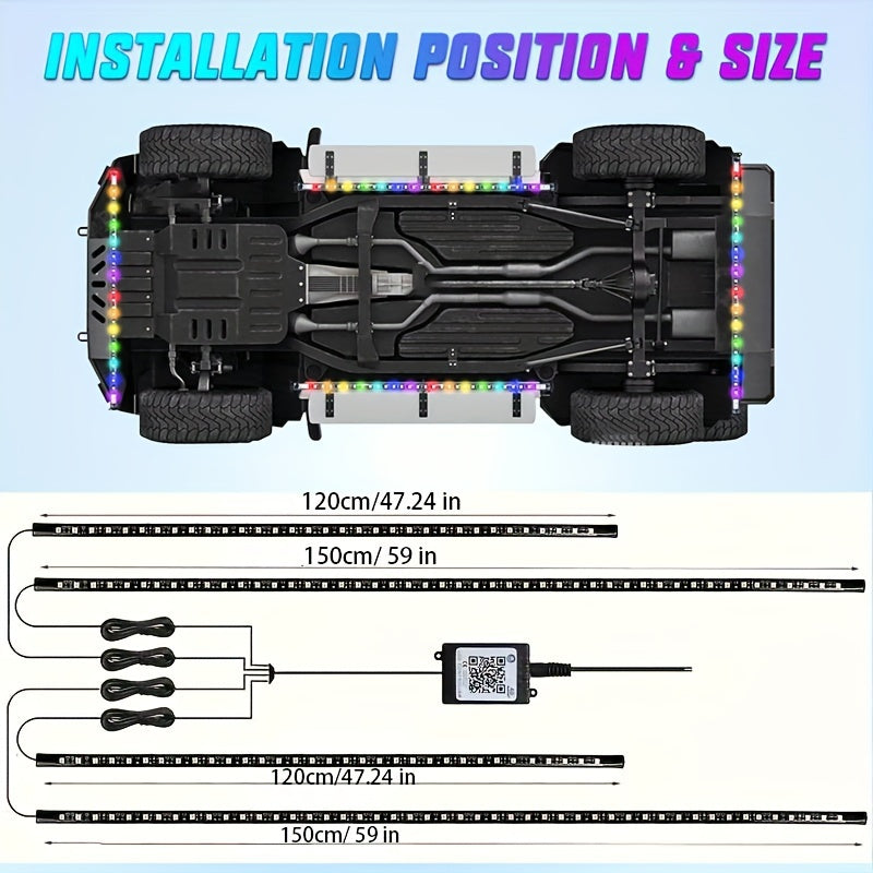 4Pcs Car Underglow Neon Accent Strip Lights, RGB 8 Color Sound Active Function Music Mode, App And Remote Dual Control Exterior Car LED Light RGB 16 Million Color Fits Trucks ATV UTV LED Light Exterior Strips, Car Under Body