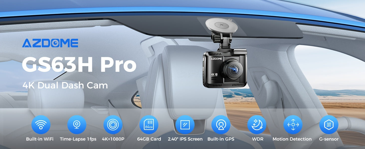 AZDOME GS63H Pro 4K Dash Cam Front And Rear, Built-in GPS, Speed, 5G WiFi Dash Camera For Cars, 2160P UHD 30fps Dashcam With APP, 2.4" IPS Screen, WDR, 64GB Card Included, Super Night Vision, 24H Parking Mode