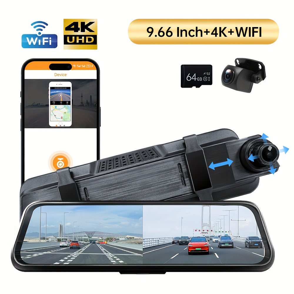 9.66" 4K Mirror Dash Cam Backup Camera, 2160P Full HD Smart Rearview Mirror For Cars & Trucks, Front And Rear View Dual Cameras, Night Vision, Parking Assistance, Included 64GB Card