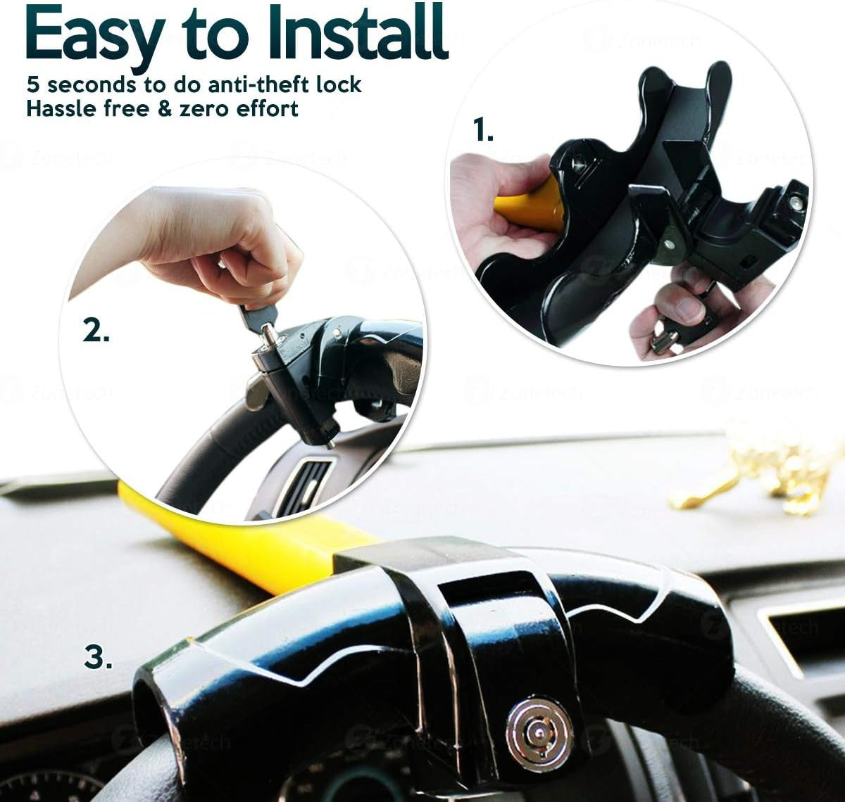 Zone Tech Car Steering Wheel Lock - Premium Quality Strong Durable Heavy Duty Anti-Theft Universal rotary Steering Wheel Lock
