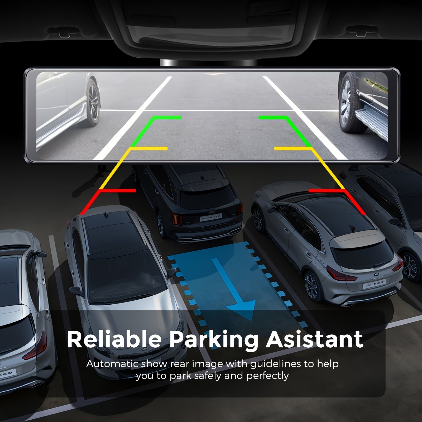 AZDOME 12" 4K Mirror Dash Cam, 4K Mirror Dash Cam with Touch Screen, Front And Rear, Rearview Mirror Camera, Split-Screen Display Rear View Mirror Camera, Dual Dash Camera for Cars, Night Vision, Parking Monitor, 64GB Card &