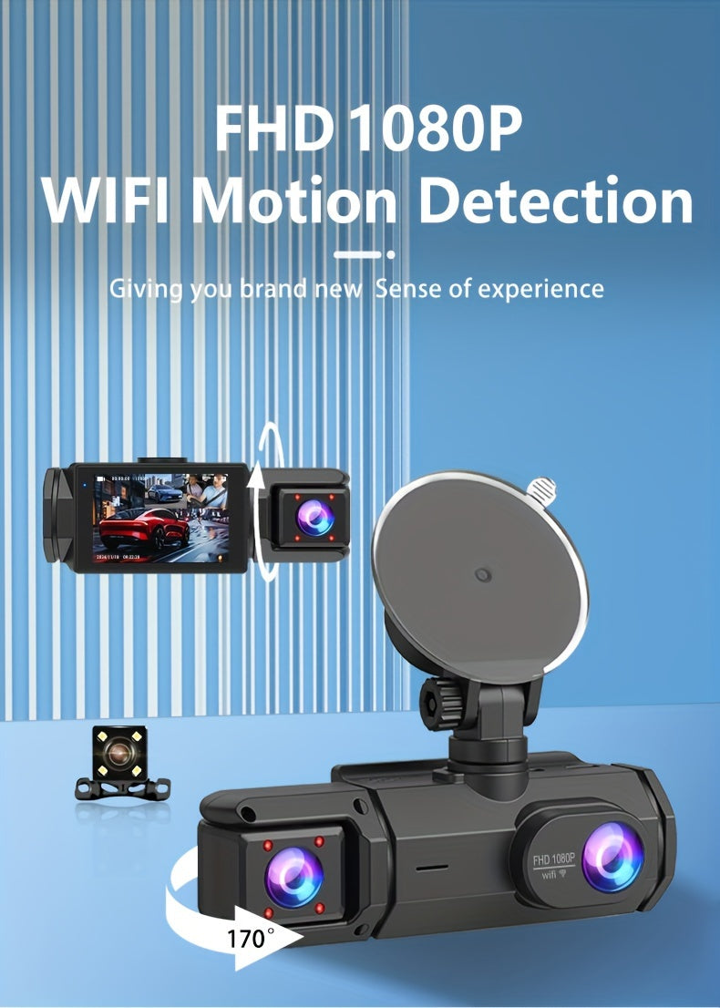 32GB 2.0 Inch IPS Screen 3-Channel Dash Cam - Wide 170° Angle, WIFI, Loop Recording, G-Sensor, Front Inside Rear Camera - Night Vision, Motion Detection, Parking Monitor, and More