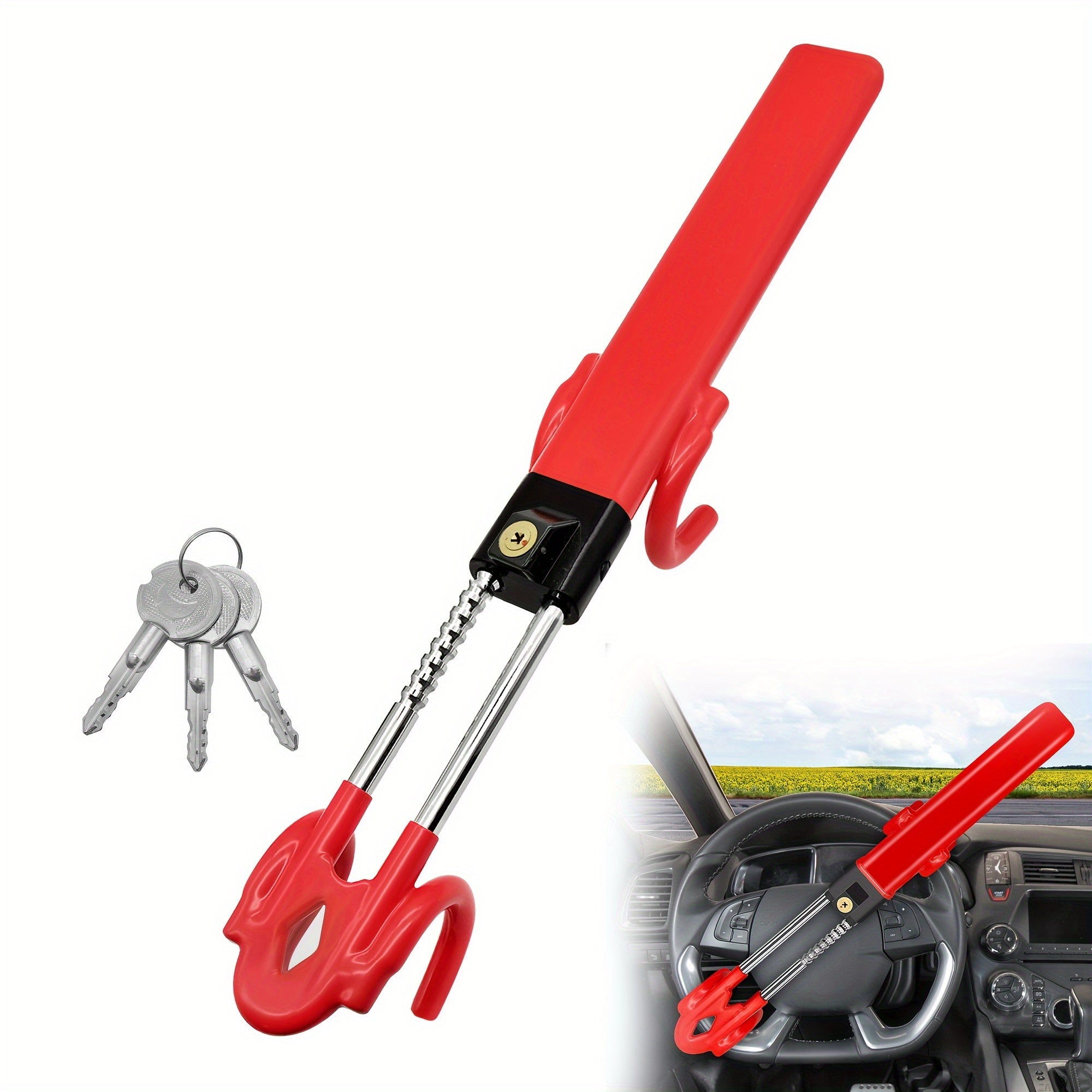 Steering Wheel Lock - Heavy Duty Antitheft Device And Car Security Lock With Adjustable Locking And 3 Keys - Great Vehicle And Truck Deterrent
