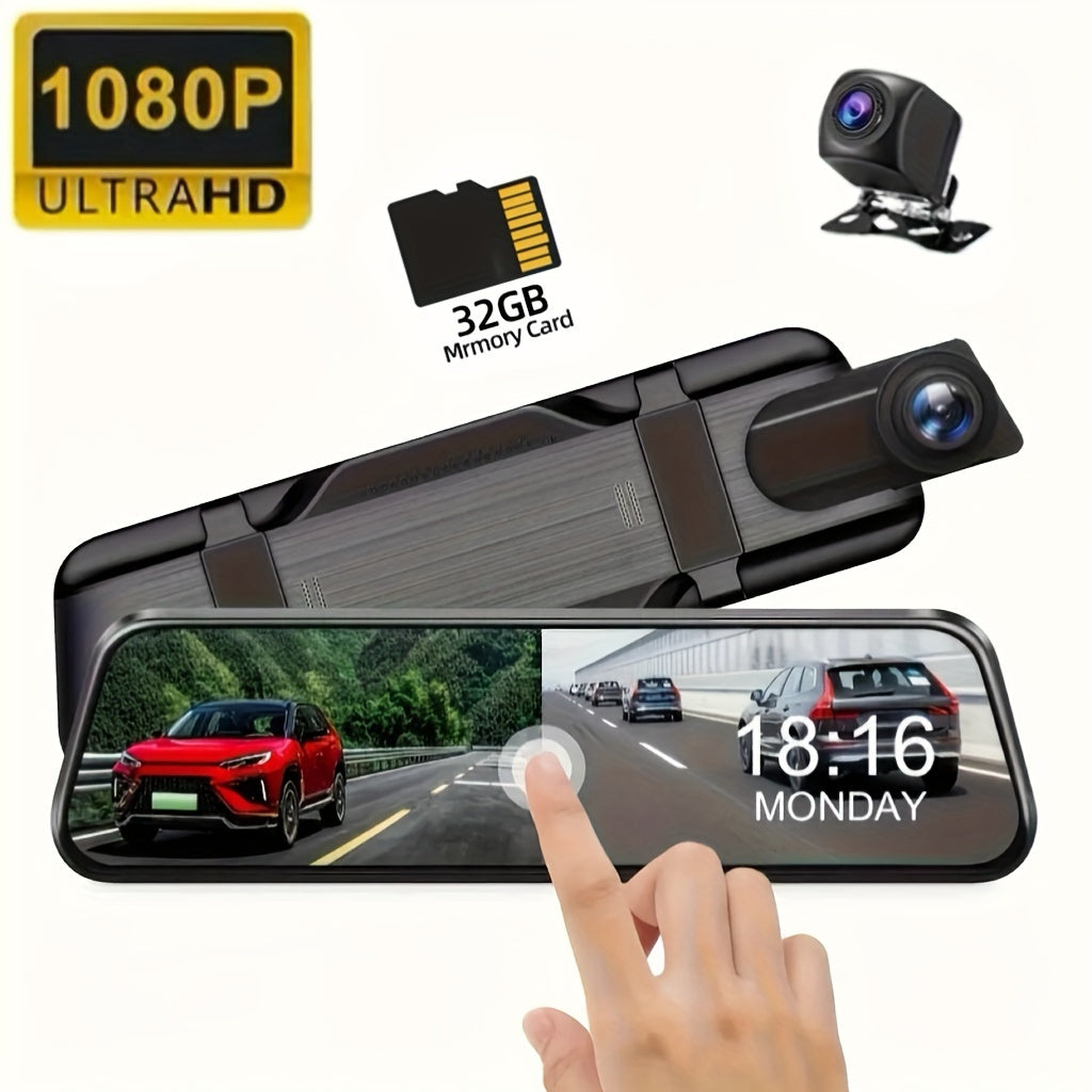 1080P HD 9.66 Inch; Mirror Dash Cam Front And Rear, With Touch Screen/ G-sensor/Night Version/ Loop Recording, 32GB Card Optional.