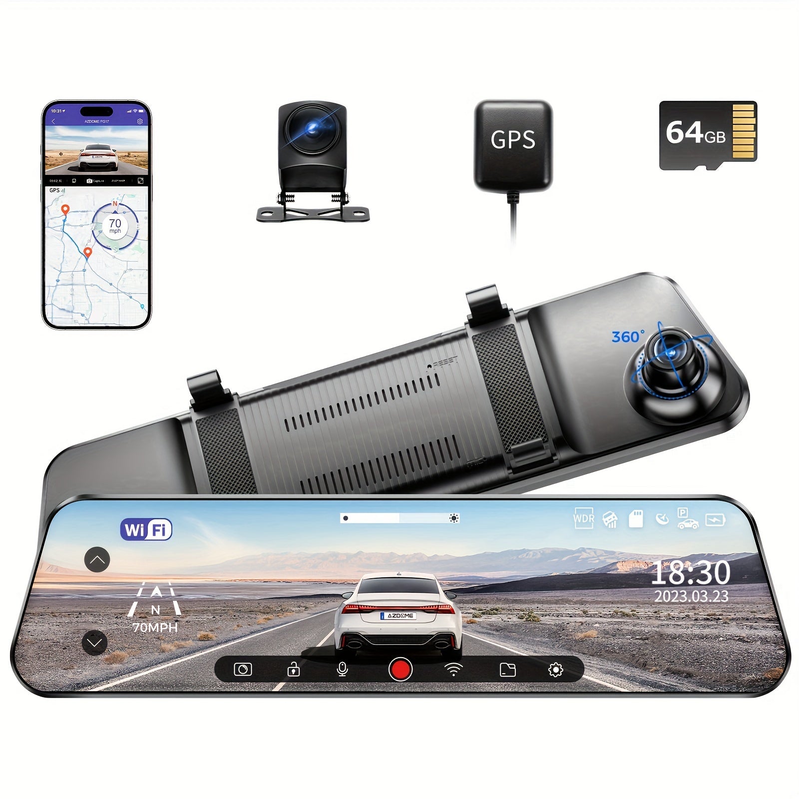 2K UHD Mirror Dash Cam With Backup Cam, AZDOME PG17 12'' Touch Screen Camera for Cars, Front 170° and Rear 150° Wide Visual Angle, Split Screen View Built WiFi, Super Night Vision, Parking Assistance, GPS, WDR, 64G Card Inc