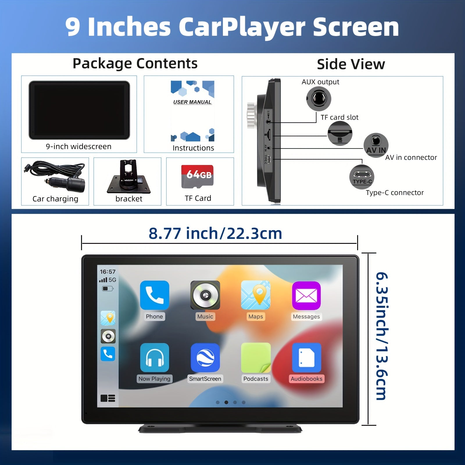 9-Inch Portable Wireless Car Player - Car Video with 4K Dash Cam, 64G TF Card, Android Auto Car Play, Voice Control, Phone Holder, Mirro Link, Navigation Screen and Upgraded Car Audio Receiver