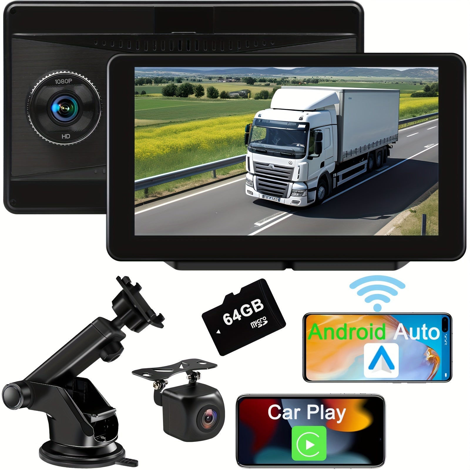 Portable Car Play Screen For Car, 7'' IPS Touch Screen With 4K Dash Cam, Wireless Android Auto Screen, 1080P Backup Camera, Voice Control, Mirror Link, GPS Navigation For Cars, Trucks, SUVs