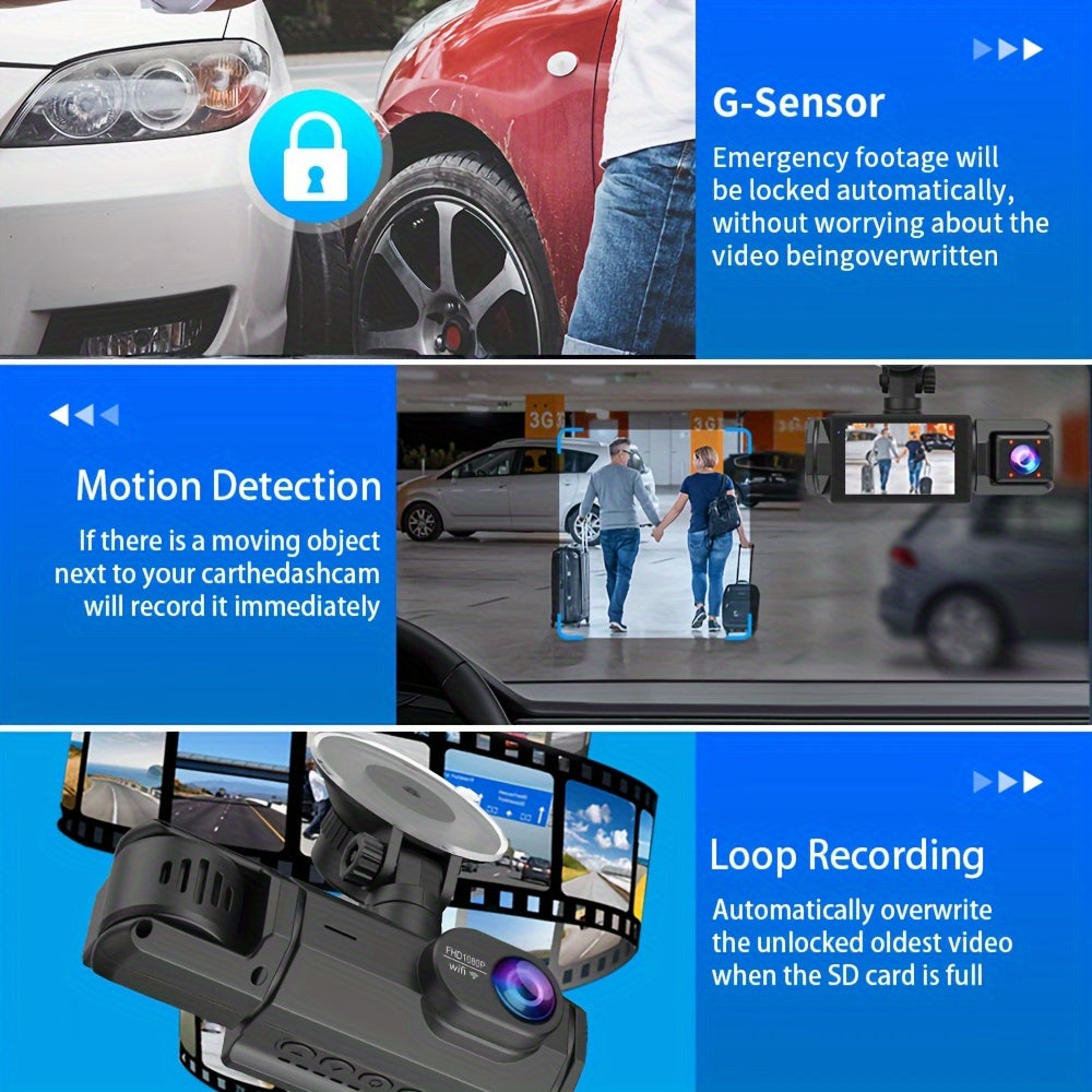 32GB 2.0 Inch IPS Screen 3-Channel Dash Cam - Wide 170° Angle, WIFI, Loop Recording, G-Sensor, Front Inside Rear Camera - Night Vision, Motion Detection, Parking Monitor, and More