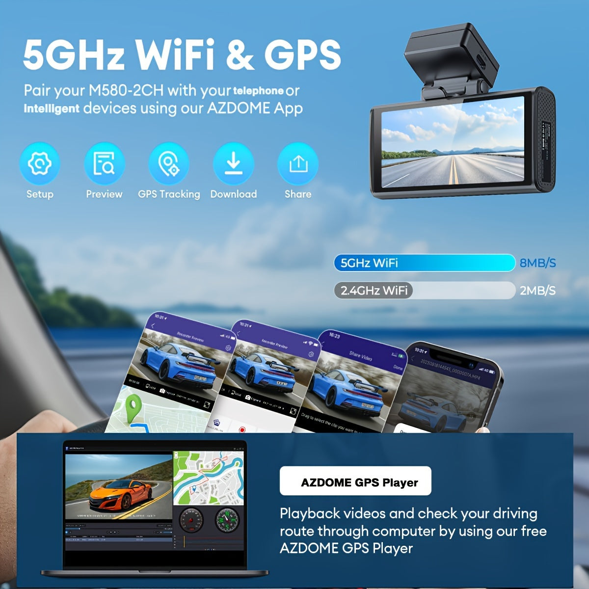 5K M580 Dual Dash Cam - 4-Inch Touch Screen, 150°+140° Wide Angle, 4K Front and 1080P Rear Cameras, Built-in 5G WiFi, GPS, Time-Lapse, 4 Advanced Parking Modes, Screensaver Optional, Easy Installation, Universal Fit for Car