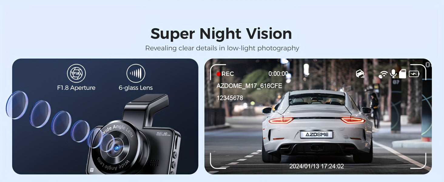 3-Inch Large Screen M17 HD 1080P Front Dash Cam - 6-Glass Lens Super Night Vision, 150° Adjustable View Angle, ADAS, WiFi, Time Lapse Video, G-Sensor, Endless Loop Recording, Parking Mode, Super Capacitor, Simple Installatio