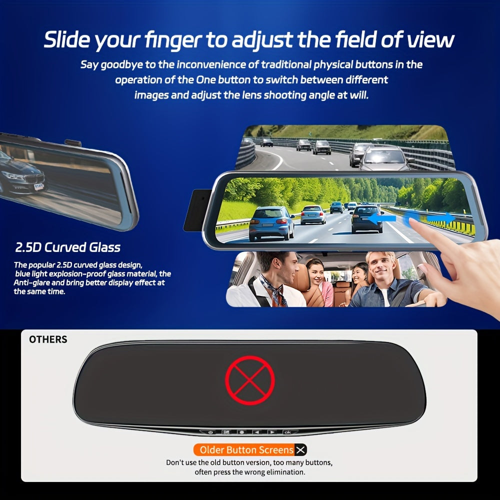 3 Channels Dash Cam Front And Rear Inside 1080P Mirror Camera Dash Camera For Cars, Dash cam Three Way With Night Vision Loop Recording 10 Inch Touch Screen Car Camera, Free 64GB SD card. Built-in Wifi and Super Night Vision,