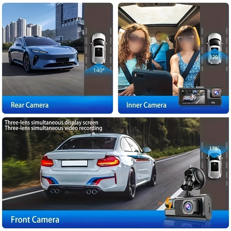 3 Channels Dash Camera For Cars, FHD 1080P Car Driving Recorder, Dash Cam With Reversing Camera, Super Night Vision Black Box, Loop Recording, G-sensor, Motion Detection, Parking Monitor