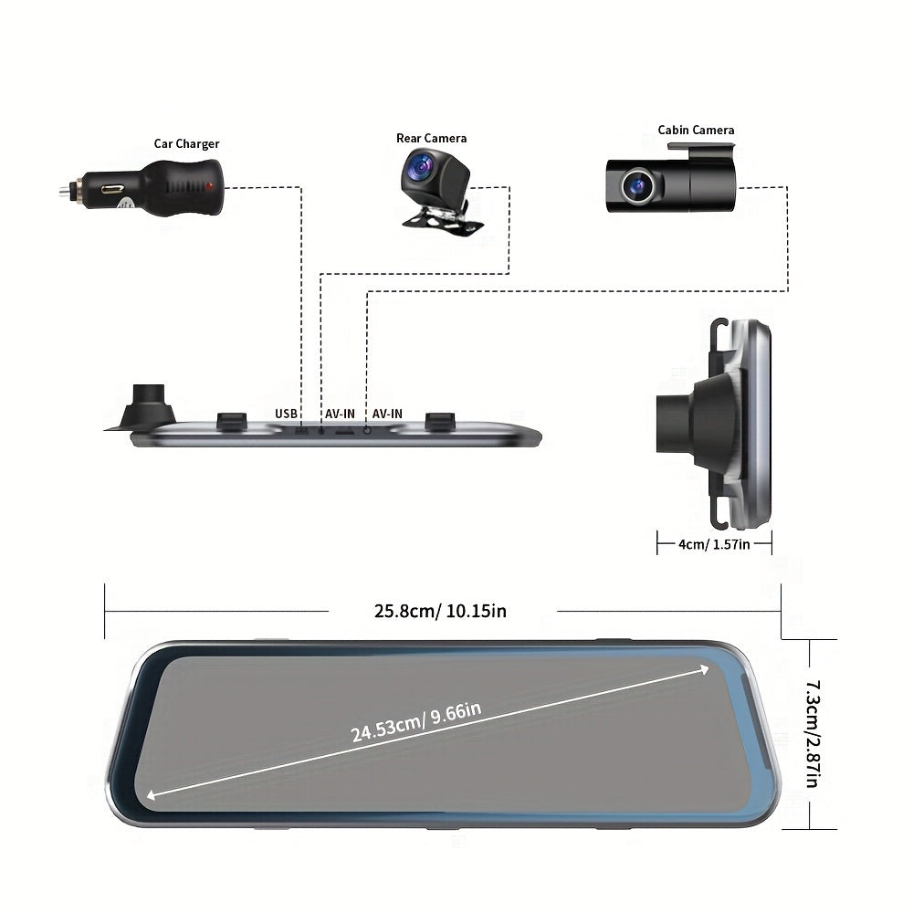 3 Channels Dash Cam Front And Rear Inside 1080P Mirror Camera Dash Camera For Cars, Dash cam Three Way With Night Vision Loop Recording 10 Inch Touch Screen Car Camera, Free 64GB SD card. Built-in Wifi and Super Night Vision,