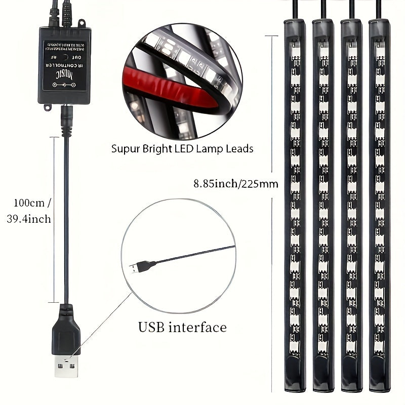 Light Up Your Car With 4pcs 48 LEDs Neon LED Interior Lights - Music Sync, Wireless Remote Control Auto RGB Decorative Lamps