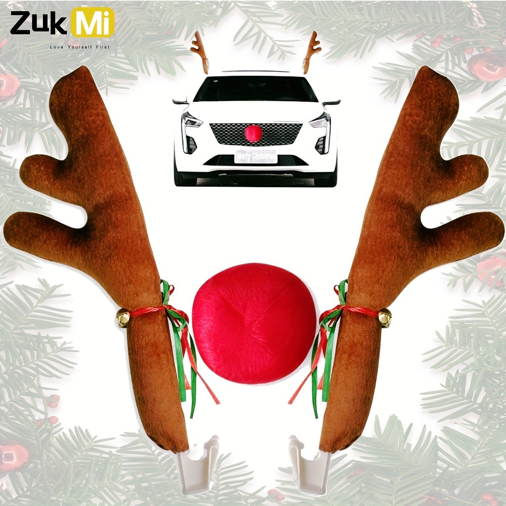 Car Reindeer Antlers & Nose - Window Roof-Top & Grille Rudolph Reindeer Jingle Bell Christmas Costume - Auto Accessories Decoration Kit