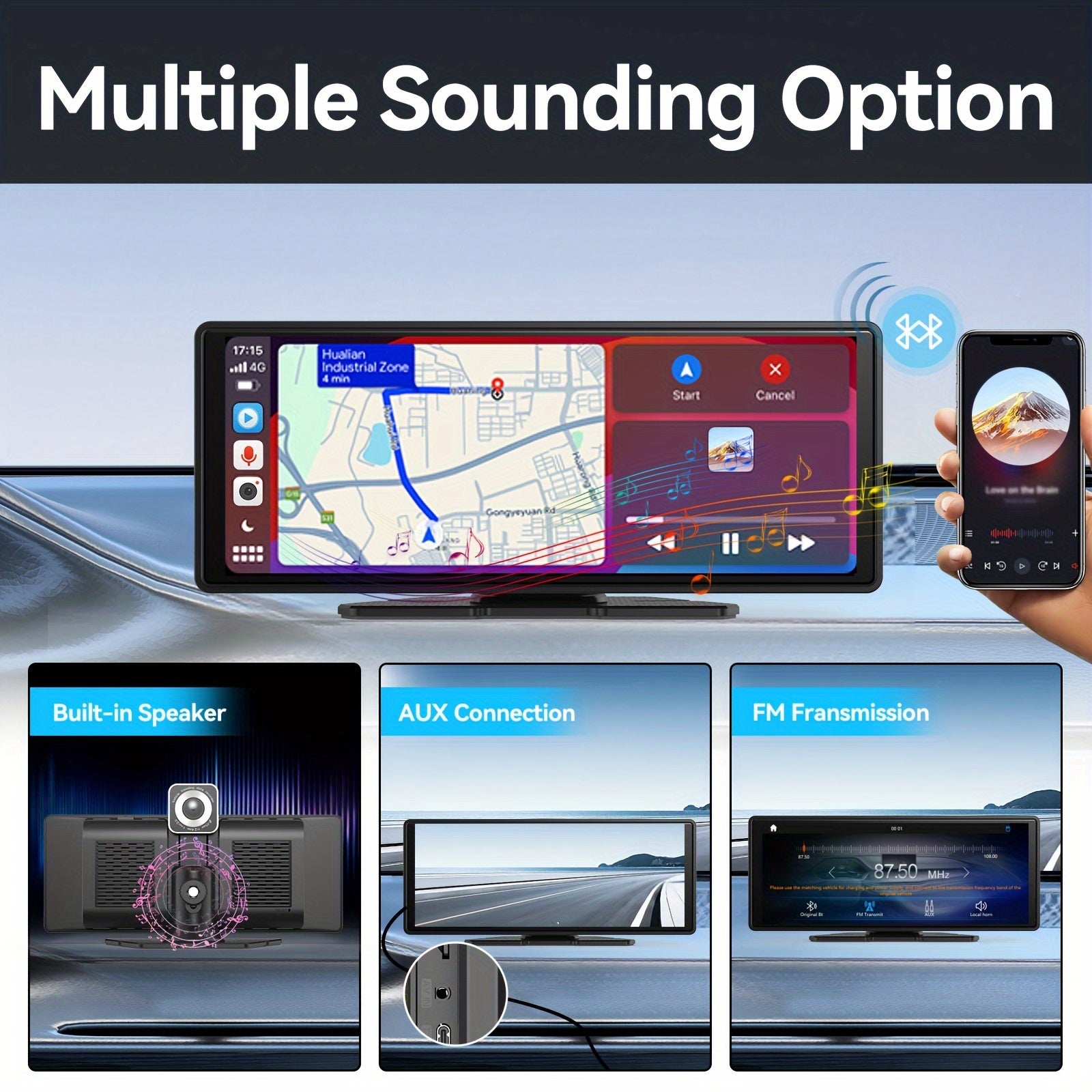 10 Inches Portable Carplayer With 1080p Dash Cam, Mirro Link, Car Audio Receiver With AUX 64G TF Card Voice Control, Phone Holder, Wireless Android Auto Car Play Screen For Car, Voice Control