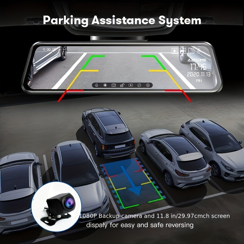 2K UHD Mirror Dash Cam With Backup Cam, AZDOME PG17 12'' Touch Screen Camera for Cars, Front 170° and Rear 150° Wide Visual Angle, Split Screen View Built WiFi, Super Night Vision, Parking Assistance, GPS, WDR, 64G Card Inc