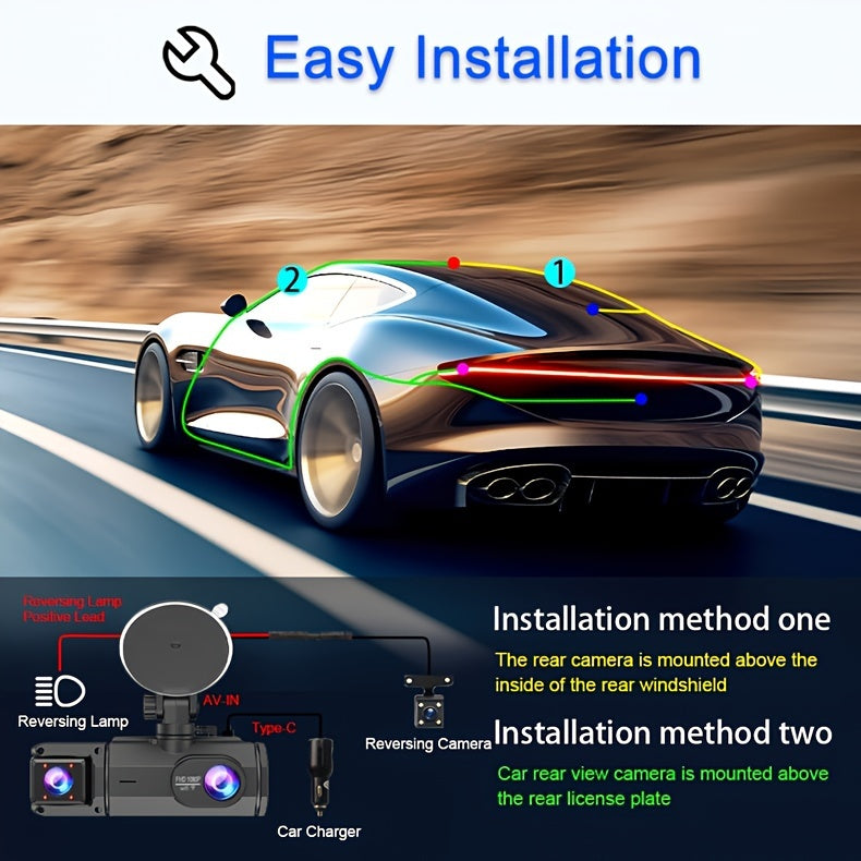 32GB 2.0 Inch IPS Screen 3-Channel Dash Cam - Wide 170° Angle, WIFI, Loop Recording, G-Sensor, Front Inside Rear Camera - Night Vision, Motion Detection, Parking Monitor, and More