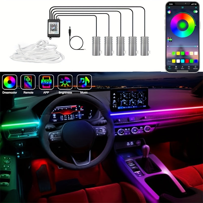 1 Set Interior Car LED Strip Lights, Kit with Wireless App, RGB 5 in 1 Ambient Lighting Kits with 236 inches Fiber Optic, 16 Million Colors Car Neon Lights, Sync to Music, Universal 5V 12V