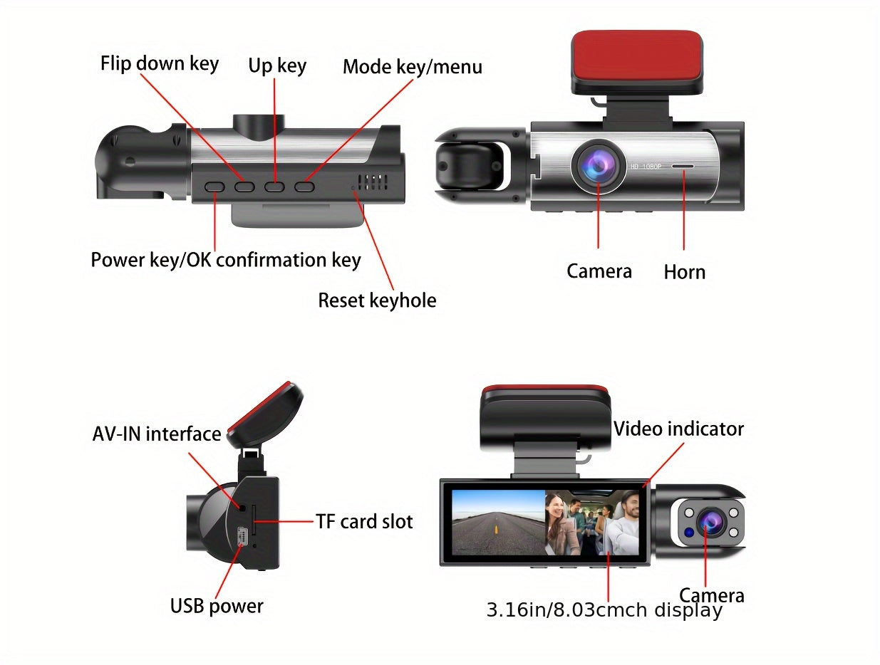 1080P Dual Camera Dash Cam For Cars With IR Night Vision, Loop Recording, And Wide Angle Lens-3.16 Inch IPS Screen, 32GB Card Optional.