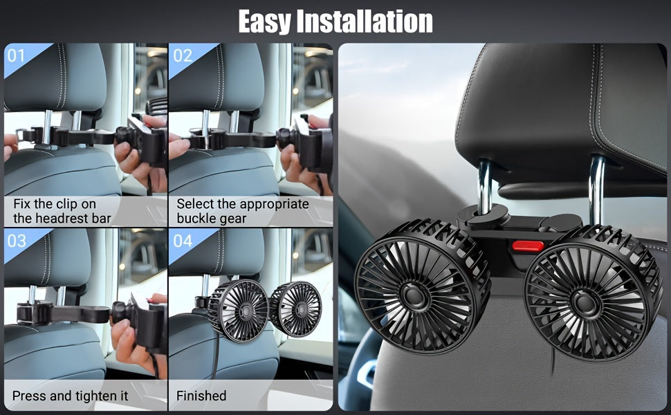 1pc High-Power Dual-Head Car Fan - 360° Rotating Ventilation, Quiet Operation & Secure Clip-On Base - Ideal for Vehicle & Home Use