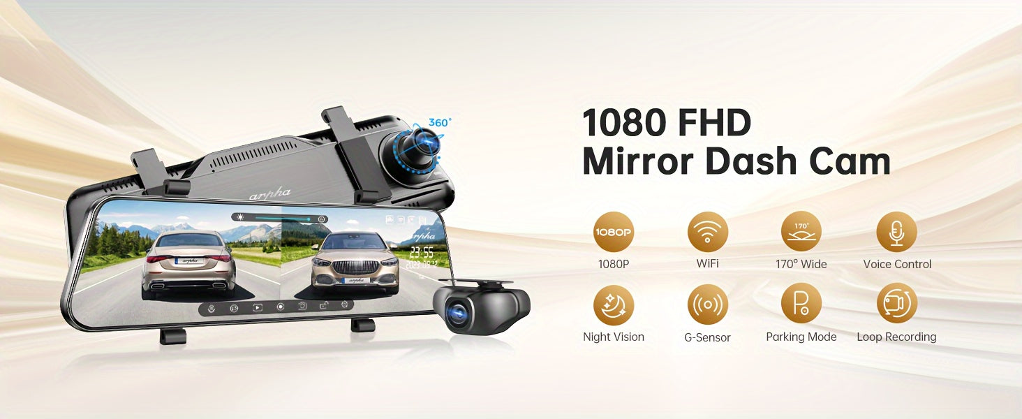 10'' Rear View Mirror Full Touch Screen Mirror Dual Camera, Smart Rearview Mirror For Cars & Trucks, Dash Cam Front 1080P and Rear 720P, App Control With WiFi And GPS, English Voice Control, WDR Super Night Vision, Parking Mo