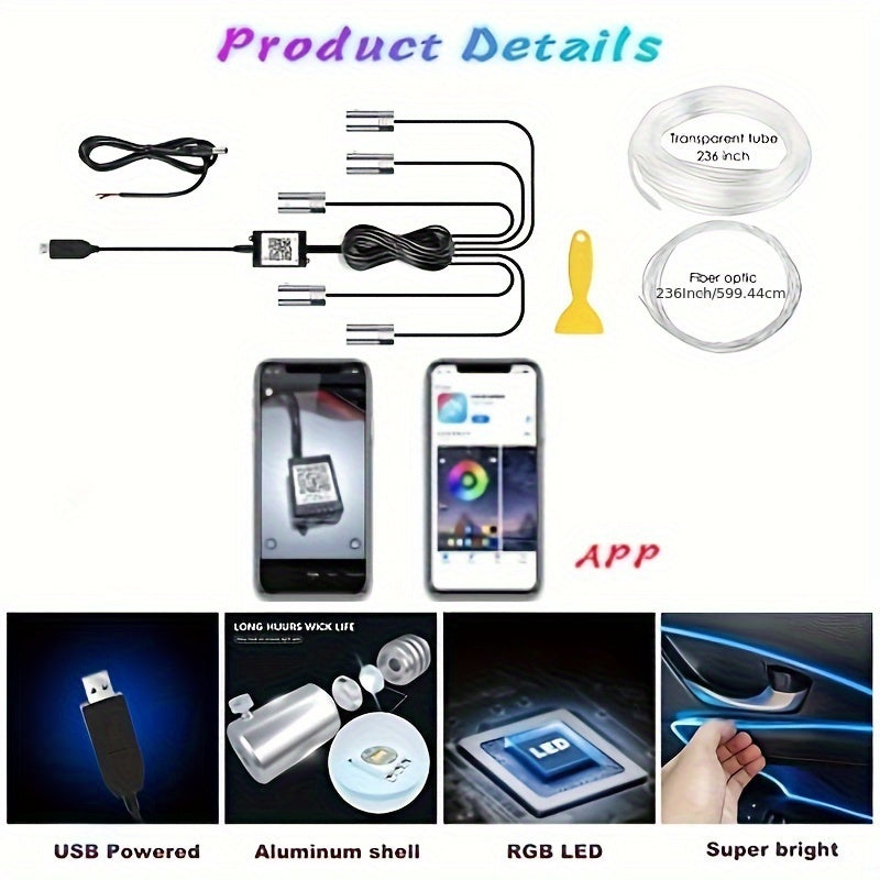 Interior Car LED Strip Lights APP Control, 5 In 1 RGB 16 Million Colors Ambient Lighting Kit With 236 Inches Fiber Optic, Music Mode Inside Car Lighting Accessories, Car Led Lights Interior, Ambient Lighting Car 5V-24V