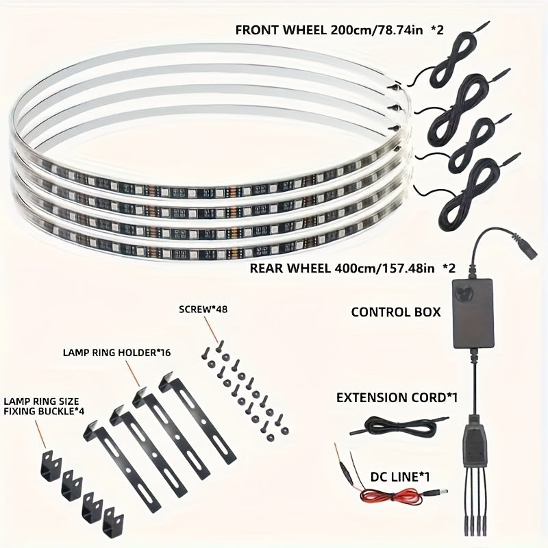 14.5 "Dream Color Chase Rim Lights, Wireless Remote Control, Christmas Decorations, Flashing Led Wheel Lights, Car LED Neon Lights With Music Synchronization, Car High Brightness Neon Set, Car Rim Ambiance Light Strip, Decora