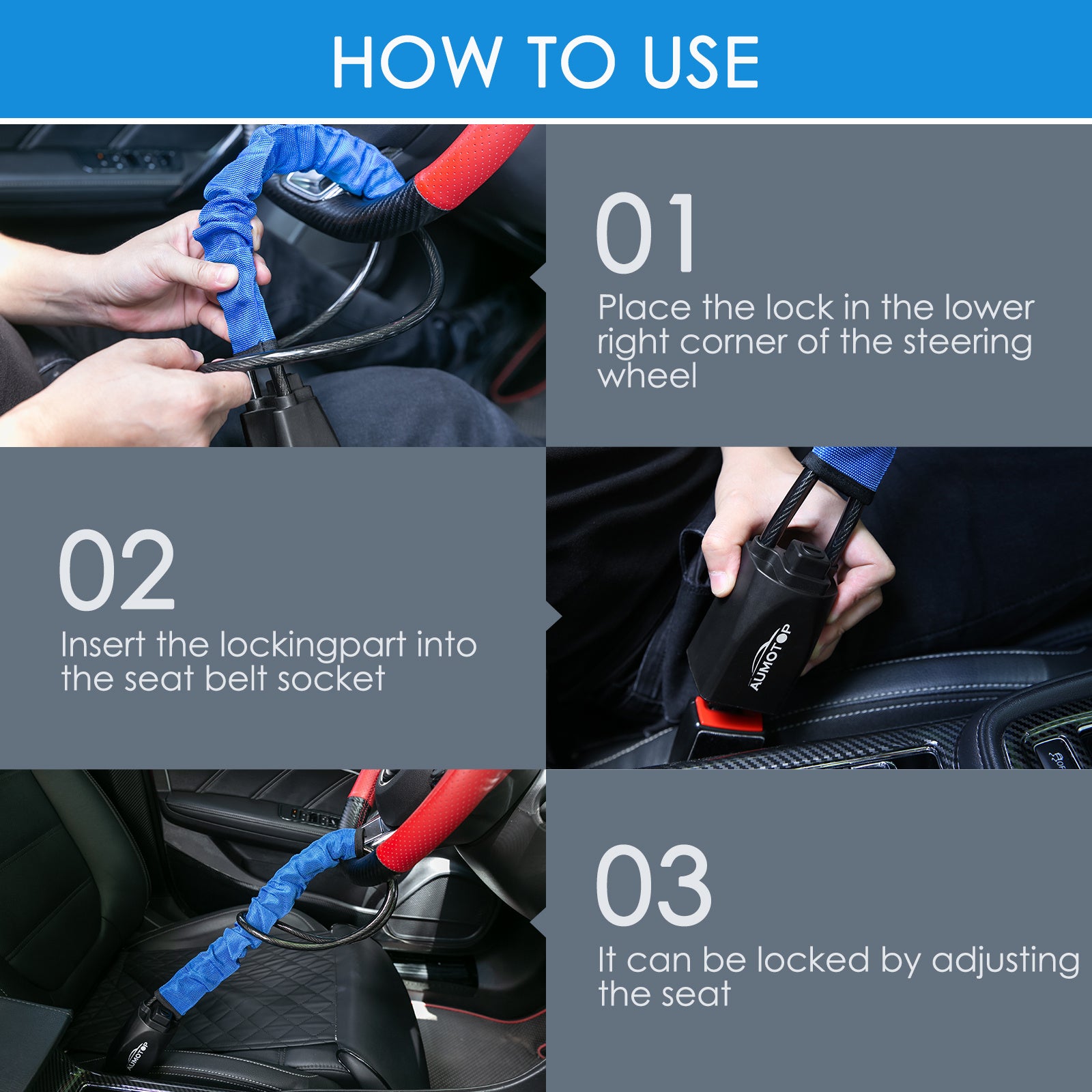 Steering Wheel Lock Universal Seat Belt Lock Anti-Theft Locking Device with 3 Keys for Car SUV Van Golf Cart Truck Black