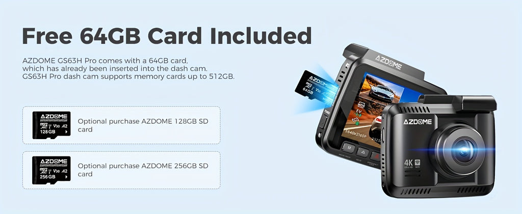 AZDOME GS63H Pro 4K Dash Cam Front And Rear, Built-in GPS, Speed, 5G WiFi Dash Camera For Cars, 2160P UHD 30fps Dashcam With APP, 2.4" IPS Screen, WDR, 64GB Card Included, Super Night Vision, 24H Parking Mode
