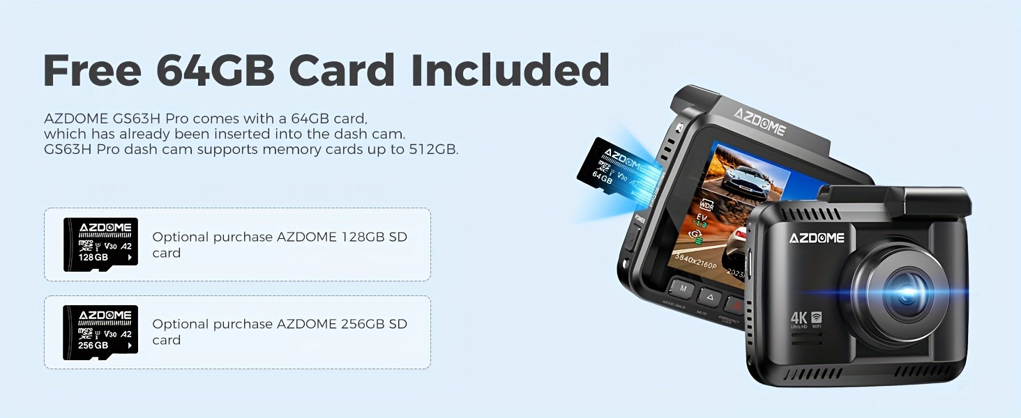 AZDOME GS63H Pro 4K Dash Cam Front And Rear, Built-in GPS, Speed, 5G WiFi Dash Camera For Cars, 2160P UHD 30fps Dashcam With APP, 2.4" IPS Screen, WDR, 64GB Card Included, Super Night Vision, 24H Parking Mode