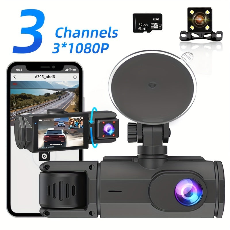 32GB 2.0 Inch IPS Screen 3-Channel Dash Cam - Wide 170° Angle, WIFI, Loop Recording, G-Sensor, Front Inside Rear Camera - Night Vision, Motion Detection, Parking Monitor, and More