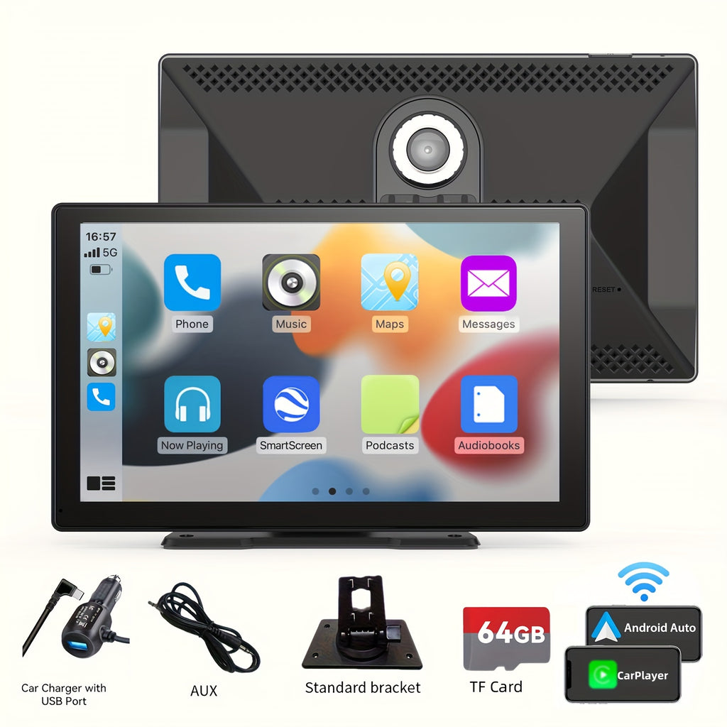 9-Inch Portable Wireless Car Player - Car Video with 4K Dash Cam, 64G TF Card, Android Auto Car Play, Voice Control, Phone Holder, Mirro Link, Navigation Screen and Upgraded Car Audio Receiver