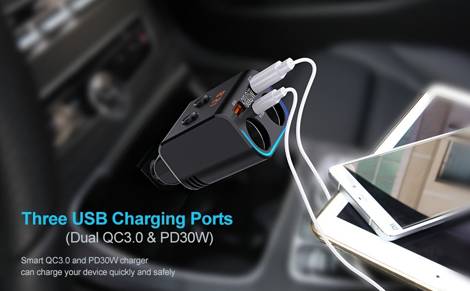 Dual QC3.0 Cigarette Lighter USB Charger 180W Car USB Charger with QC3.0 & PD Car Phone Charger Cigarette Lighter Splitter with LED Voltage Display For Phone, iPad, GPS, Dash Cam and More