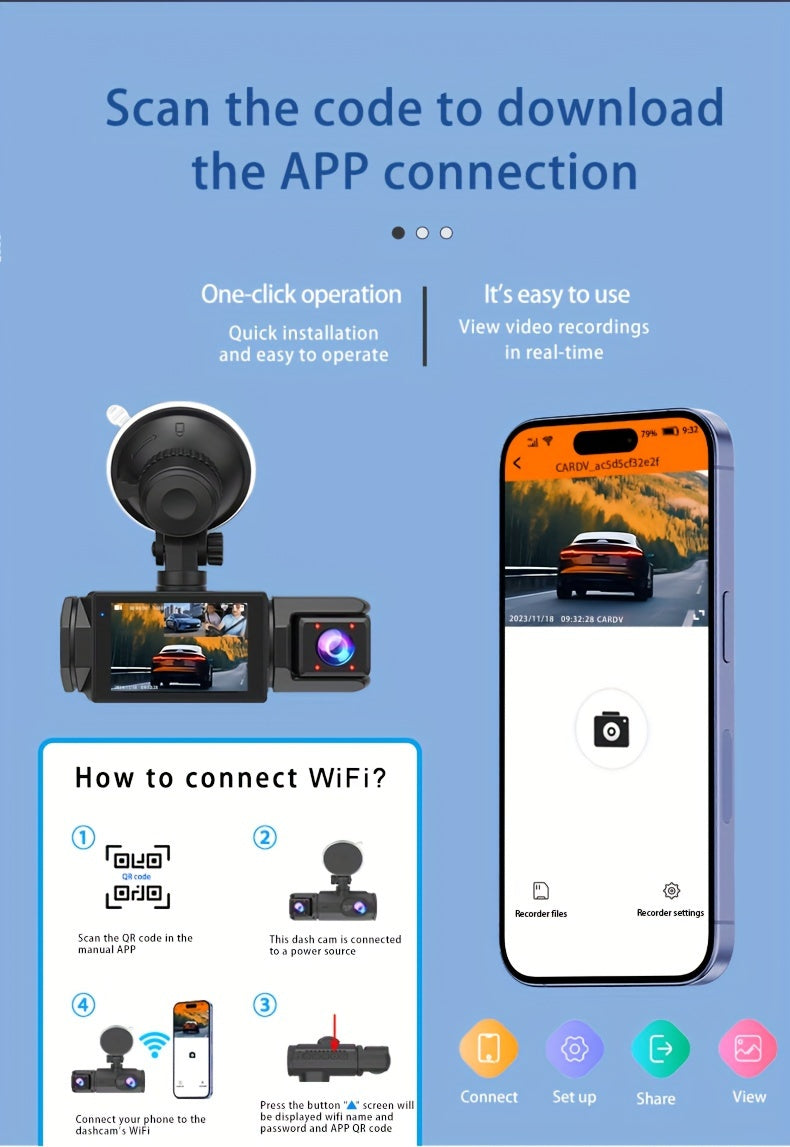 32GB 2.0 Inch IPS Screen 3-Channel Dash Cam - Wide 170° Angle, WIFI, Loop Recording, G-Sensor, Front Inside Rear Camera - Night Vision, Motion Detection, Parking Monitor, and More