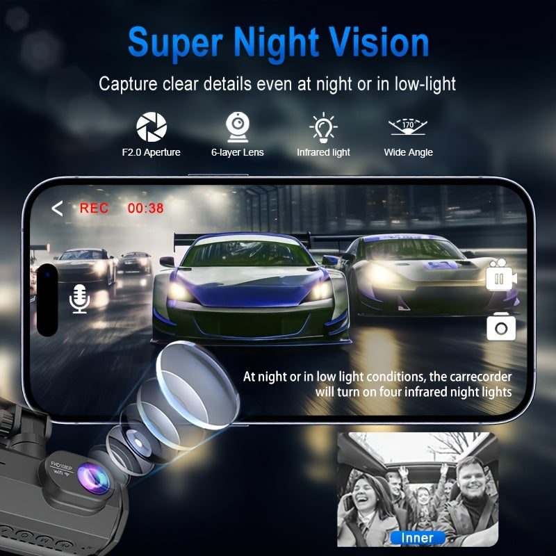 32GB 2.0 Inch IPS Screen 3-Channel Dash Cam - Wide 170° Angle, WIFI, Loop Recording, G-Sensor, Front Inside Rear Camera - Night Vision, Motion Detection, Parking Monitor, and More
