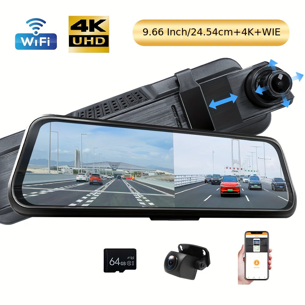 9.66" 4K Mirror Dash Cam Backup Camera, 2160P Full HD Smart Rearview Mirror For Cars & Trucks, Front And Rear View Dual Cameras, Night Vision, Parking Assistance, Included 64GB Card