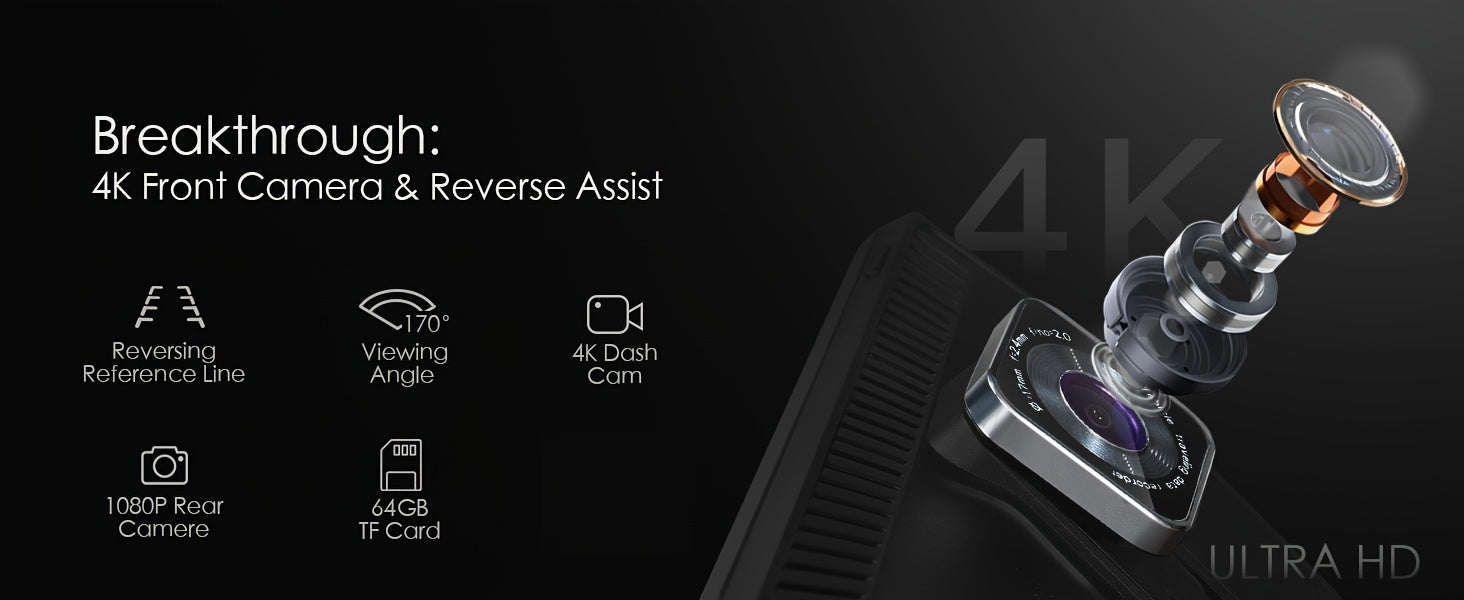 9'' 4K Wireless CarPlay & Android Auto Touchscreen Carabc with Dash Cam, GPS Navigation, Mirror Link, FM, Voice Control