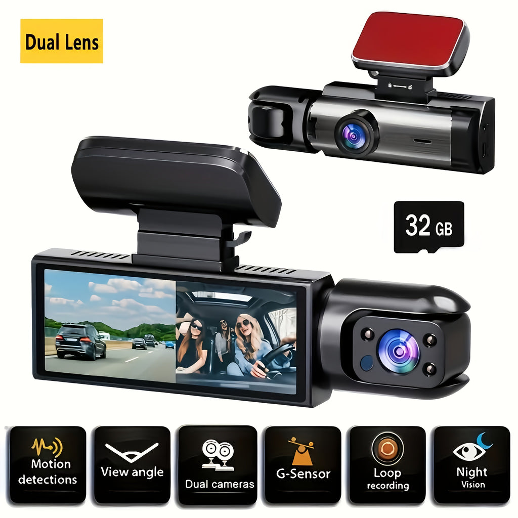 [1080P Dual Camera Dash Cam] 1080P Dual Camera Dash Cam with IR Night Vision, Loop Recording, Wide Angle Lens - 3.16 Inch IPS Screen, 32GB SD Card Optional