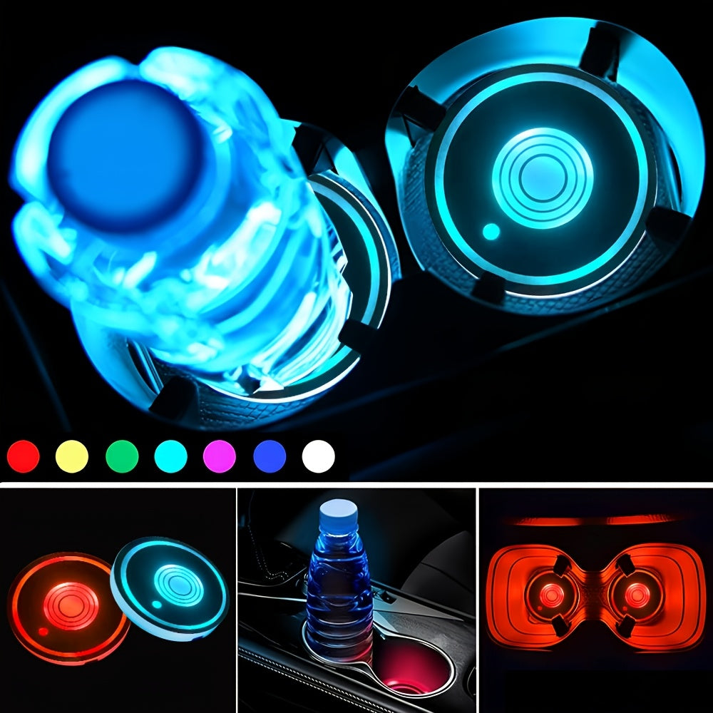 2pcs Round Car LED Luminous Coaster with LED Neon Lights, Intelligent Sensing Color Atmosphere Light Coaster, USB Rechargeable Coaster, Holiday, Party Decoration Coaster, Car Interior Accessories, Bar Decoration, Home Decorat