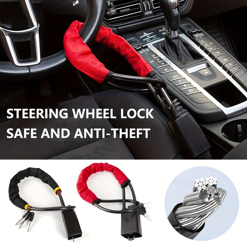 Cut-Resistant Retractable Bold Cable Besper Steel Steering Wheel Lock Anti-Theft Device with Seatbelt Fastener for Car & SUV Security - No Assembly Required