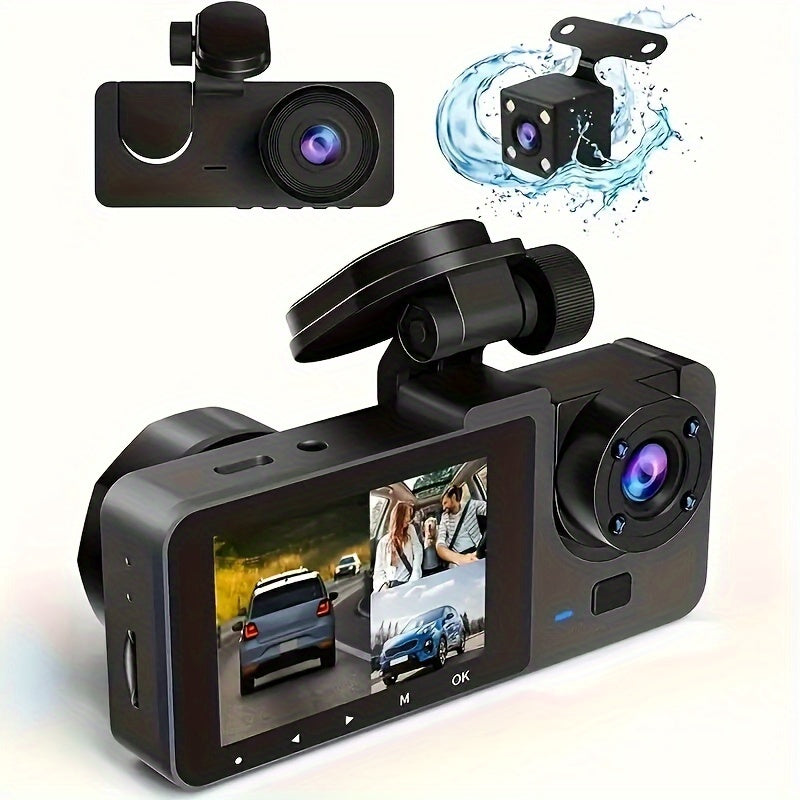 32G 3Lens HD Dash Cam Car DVR, Front Inside Rear Wide Angle Night Vision Camera with G-sensor and Loop Recording