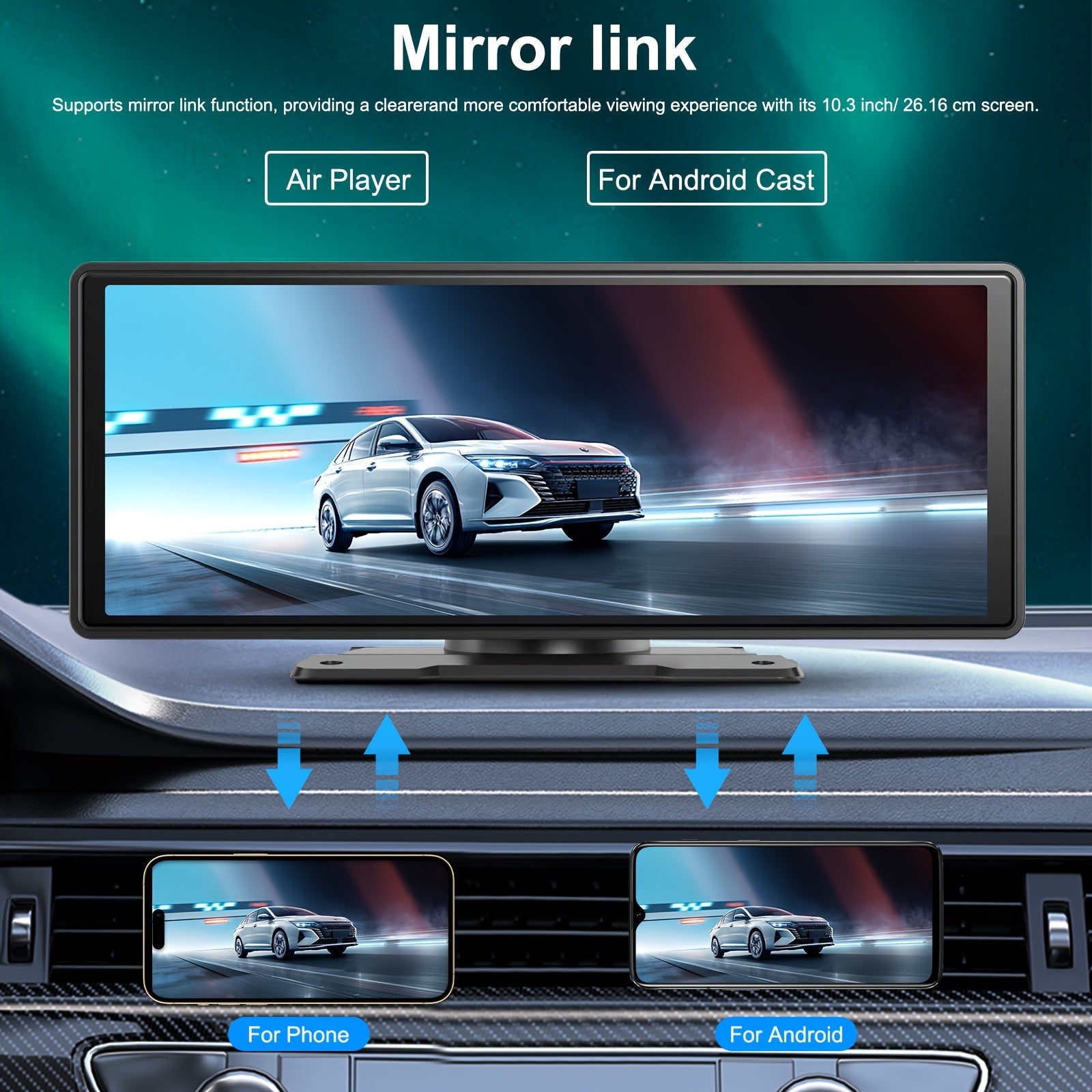 10.26 Inch/26.16cm Portable Wireless Carplayer Screen, Wireless Android Auto Car Play Car Radio, WiFi Video, Car Audio Receivers GPS Navigation Mirror Link, Double B&T, FM, Siri, Mp5 Player, Optional Backup Camera