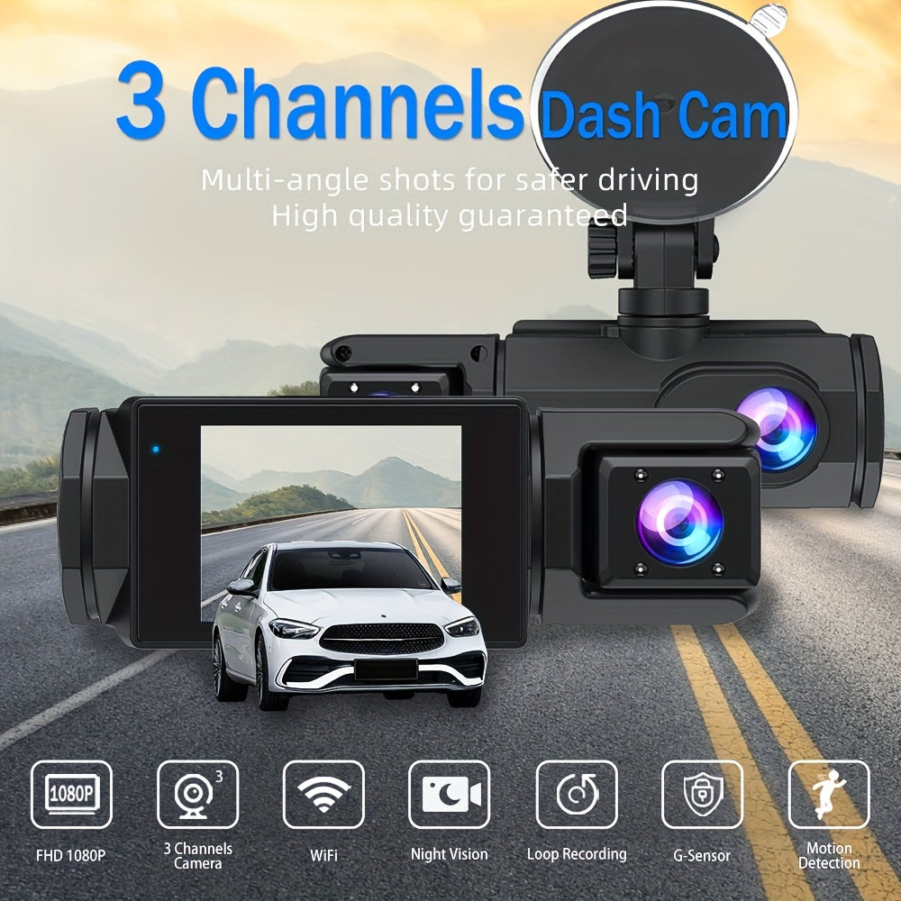 32GB 2.0 Inch IPS Screen 3-Channel Dash Cam - Wide 170° Angle, WIFI, Loop Recording, G-Sensor, Front Inside Rear Camera - Night Vision, Motion Detection, Parking Monitor, and More